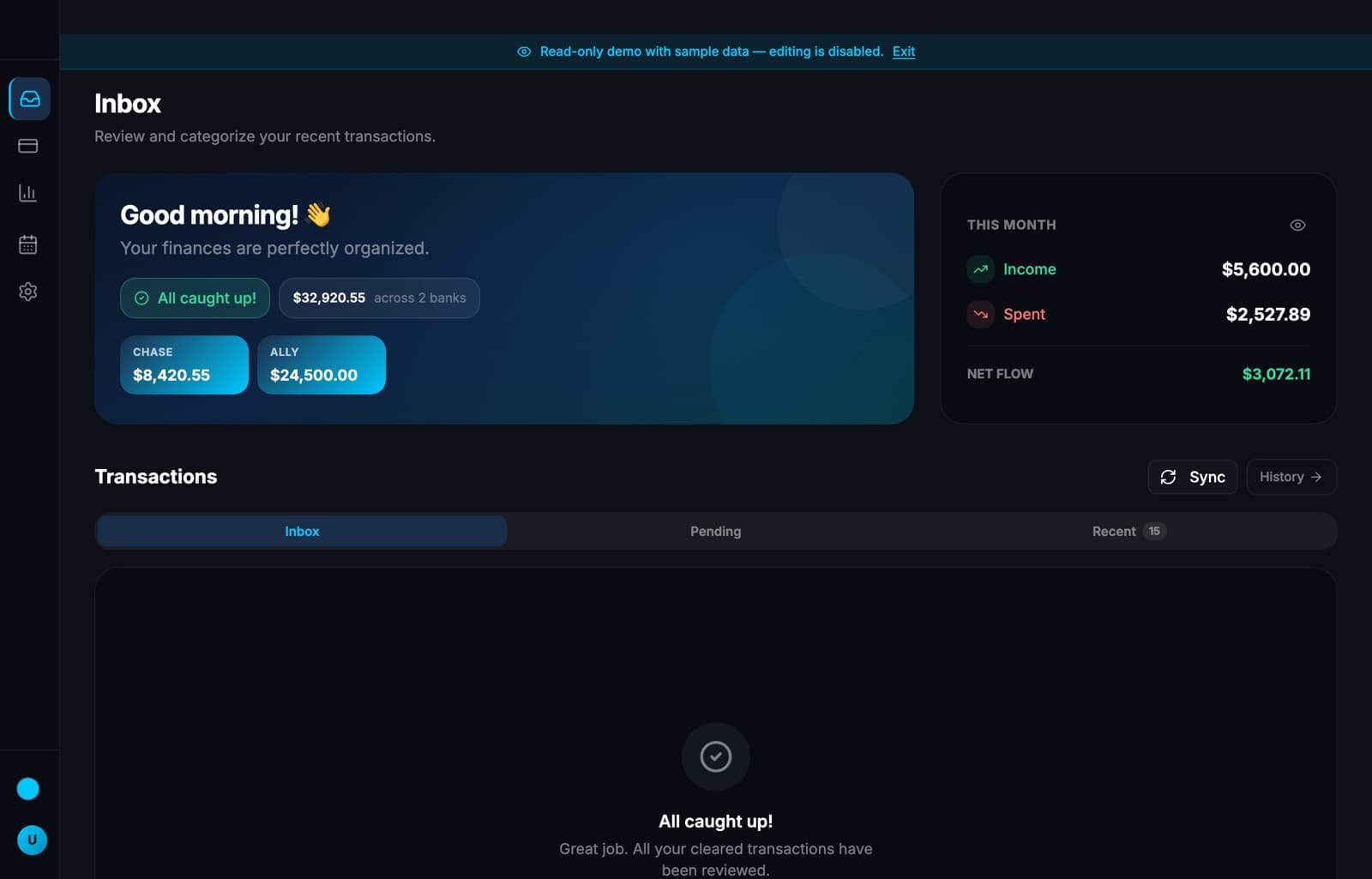 Budget Buddy's transaction inbox, running on sample data