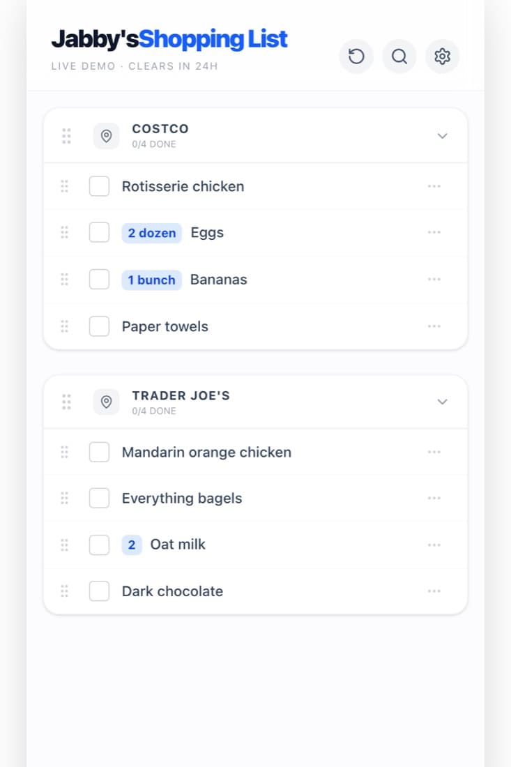 The shared shopping list with items grouped by store